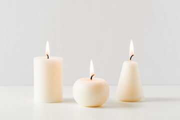 Three lit cream-colored candles of different shapes on a clean white surface, radiating a calm and warm glow