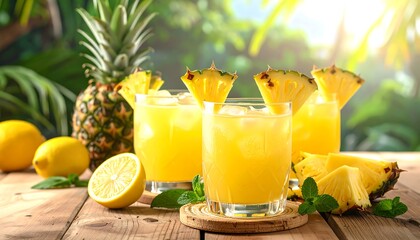 A sun-drenched scene showing pineapple juice-filled glasses, fruit slices, whole pineapples, lemons, and lush green foliage on a wooden surface