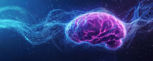 3D rendering of a glowing purple and blue human brain with digital connections, symbolizing artificial intelligence and neural network technology concepts