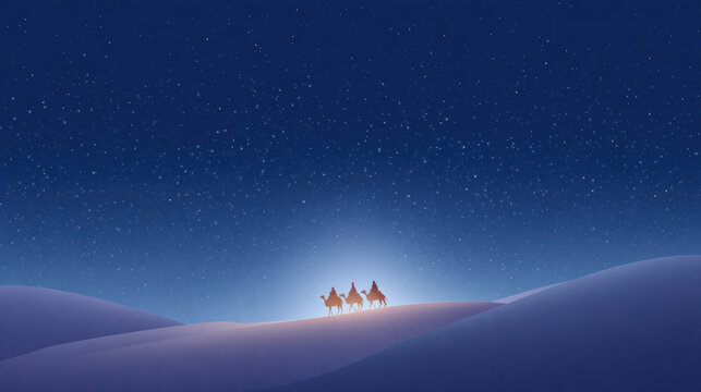 Serene nativity scene with wise man on camel journey through desert. holy night with bright guiding star in sky, symbolizing spiritual quest and hope - Powered by Adobe