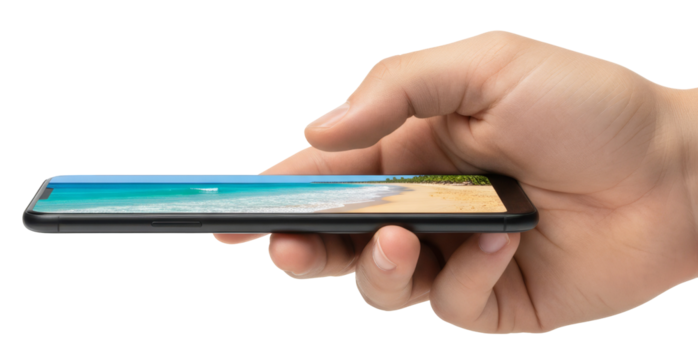 a hand holds a modern smartphone displaying a tropical beach background