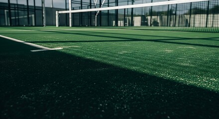 Fototapeta premium Low angle perspective of an empty green padel court on a sunny day.