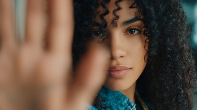 Closeup portrait of young Black woman raising hand in front of camera, concept for personal space, boundaries and self protection