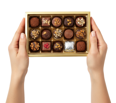 two hands hold a golden box filled with a selection of sweet chocolate pralines