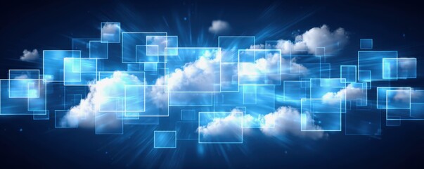 Social media governance concept. A digital illustration featuring clouds surrounded by glowing geometric shapes against a dark blue backdrop, evoking a sense of depth and technology.