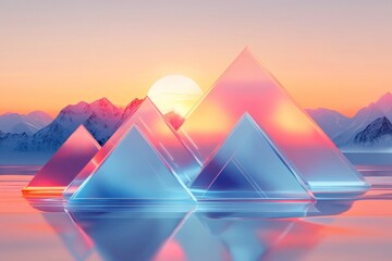 Colorful glass pyramids stand in a tranquil mountain lake at sunrise, reflecting the vibrant hues of the sky.