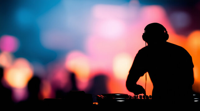 Silhouette of male DJ wearing headphones mixing music on turntables at vibrant night club party with colorful bokeh lights in background