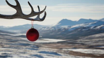 Red Christmas globe ornament hanging from reindeer antler in winter wilderness, background concept with copyspace