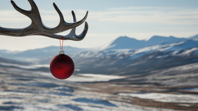 Red Christmas globe ornament hanging from reindeer antler in winter wilderness, background concept with copyspace
