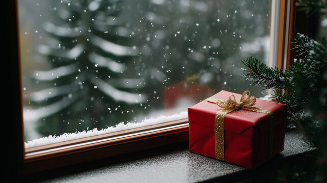 Red gift with golden ribbon left by Santa Claus on window sill in the snowy winter Christmas morning