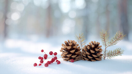Serene winter nature background with pinecone and red berry on snow. peaceful and festive christmas holiday scene with plenty of copy space for greeting card
