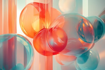 A vibrant abstract composition featuring translucent spheres and vertical shapes in soft, gradient colors.