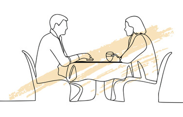 Minimalist single line drawing two people sitting at a table with drinks vector