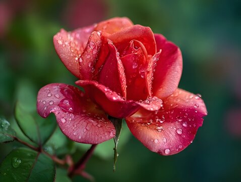 Detailed ro photograph showcases a vibrant red rose bloom adorned with glistening dew drops on delicate petals