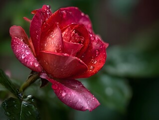ro view of a vibrant red rose bloom with delicate petals glistening with dew drops against a soft green background