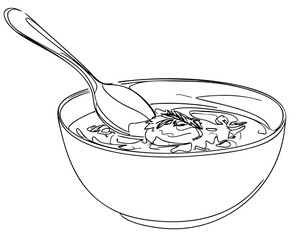 Minimalist one-line drawing of a bowl of borscht with a spoon and a swirl of sour cream on top with herbs
