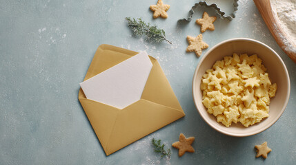 Festive Christmas baking flat lay with bowl of star cookie dough and golden envelope holding blank card. cozy, homemade scene for warm holiday greeting and invitation
