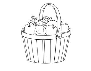 Minimalist one-line drawing of a rustic basket filled with apples and mushrooms