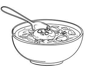 Minimalist one-line drawing of a bowl of borscht with a spoon and a swirl of sour cream on top with herbs