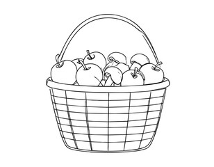 Minimalist one-line drawing of a rustic basket filled with apples and mushrooms