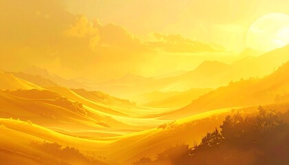 A sun-drenched vista of rolling hills and mountains bathed in golden light, with a hazy atmosphere. A large sun dominates the sky
