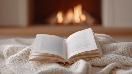 Cozy open book resting on warm blanket by fireplace creating peaceful and relaxing atmosphere. quiet scene for winter reading, comfort, and leisure at home