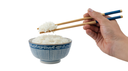 hand holding chopsticks scooping rice from a bowl. Isolated on transparent background, png