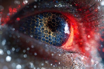 A close-up view of an eye, showcasing a complex hexagonal grid pattern, vibrant red and blue tones, and a captivating bokeh effect.