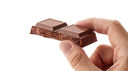 hand holding a piece of delicious chocolate bar . Isolated on transparent background, png