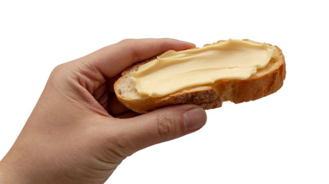 hand holding a slice of bread spread with butter. Isolated on transparent background, png