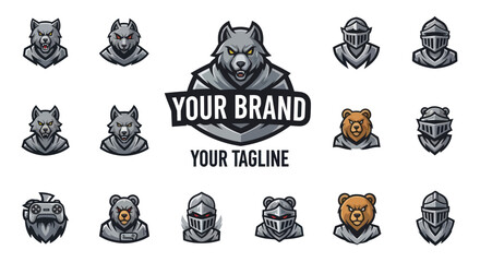 Collection of animal and knight helmet mascot logos for branding.