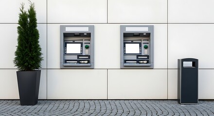 Two modern automated teller machines with blank white screens installed on an exterior building wall, ready for financial service mockups