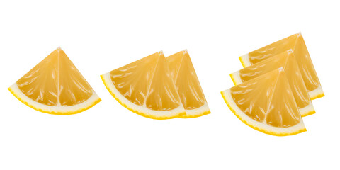 Three small lemon wedges arranged neatly. Fresh cut citrus pieces ready for use.