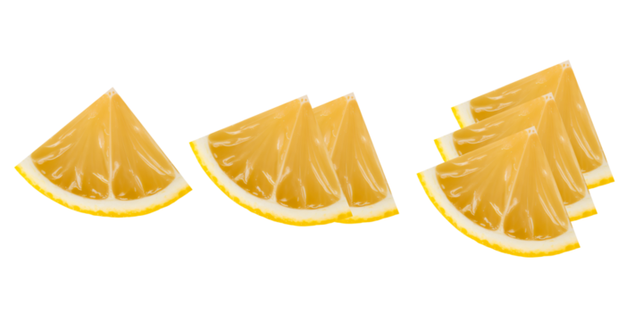 Three small lemon wedges arranged neatly. Fresh cut citrus pieces ready for use.