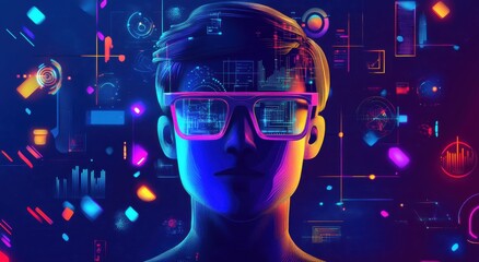 Digital illustration of AI avatar with futuristic glasses and digital elements in a vibrant neon color palette, symbolizing technology and innovation