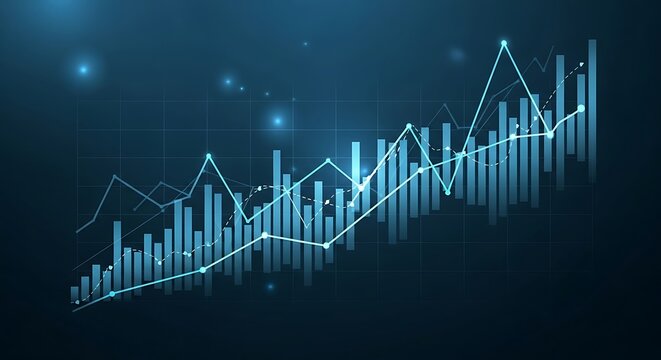 Abstract digital trading chart with growing financial data and upward trends on a dark blue background