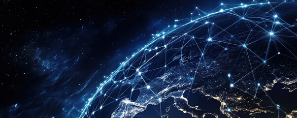 Digital illustration of Earth with connected lines and glowing nodes symbolizing global communication and technology network.