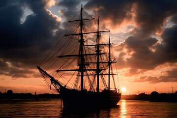 Fototapeta premium sailing ship at sunset