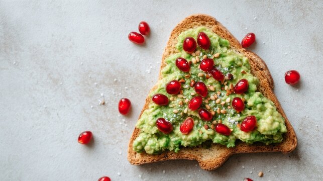 Bright and colorful avocado toast takes the shape of a Christmas tree, adorned with red cranberries and a sprinkle of seasoning, perfect for a joyful holiday brunch with friends or family