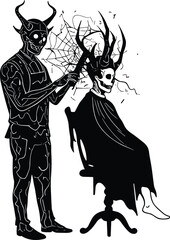 Demonic barber illustration, gothic horror art, surreal haircut scene, fantasy skull figure, eerie salon design, supernatural satire, dark fantasy artwork, monstrous