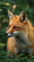 Fototapeta premium Red fox with keen eyes gazes intently amidst lush green foliage.