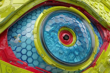 A close-up view of a vibrant, futuristic eye, showcasing intricate details and a spectrum of bold colors.