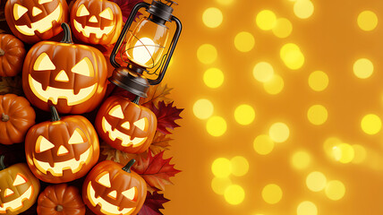 Glowing Halloween pumpkins and lantern on autumn leaves with yellow bokeh lights. Bright background with copy space for banner, postcard, or invitation