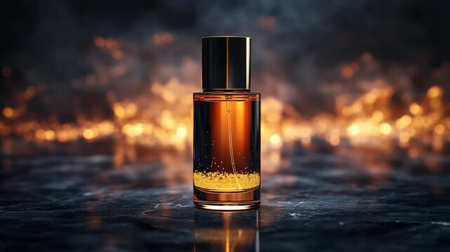 Mysterious Amber Perfume Bottle Against a Fiery Nightscape.