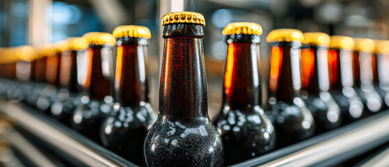 Craft beer bottles ready for distribution in a brewery setting showcasing a production line