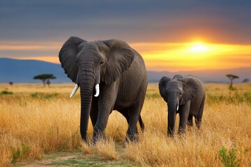Fototapeta premium African elephants roaming golden savanna grass under a dramatic sunset sky.