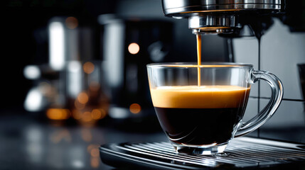 Brewing rich espresso in a modern coffee machine at a cozy kitchen setting