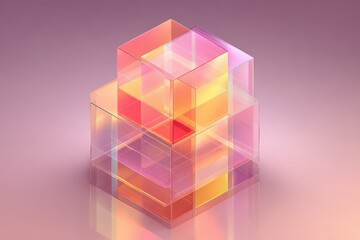 Interlocking translucent cubes in vibrant, overlapping shades of pink and orange, arranged on a soft, muted mauve background, creating a striking visual design.