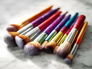 Fototapeta premium A collection of vibrant colorful makeup brushes artfully arranged on a marble surface