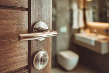 Modern door handle on wooden door leading to a stylish bathroom interior with soft lighting